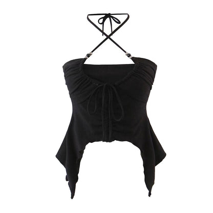 Sexy Beaded Halter Neck Layered Drawstring Ruched Ruffle Crop Top