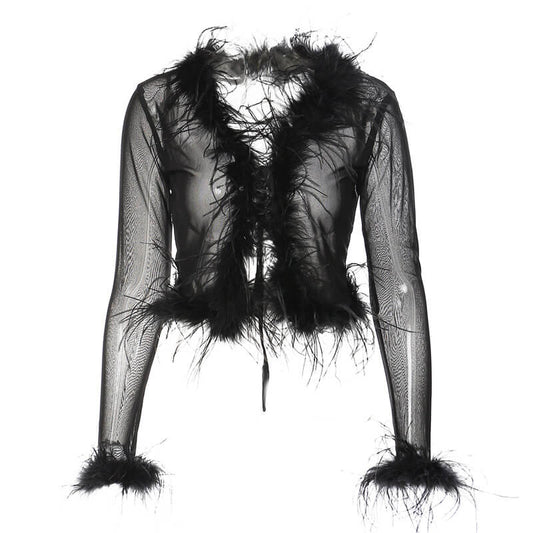 Sexy Faux Feather Trim Long Sleeve Tie Front Cropped Mesh Cardigan