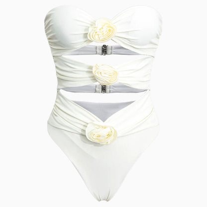 Sexy High Leg Rosette Moderate Ruched Cutout Bandeau One Piece Swimsuit