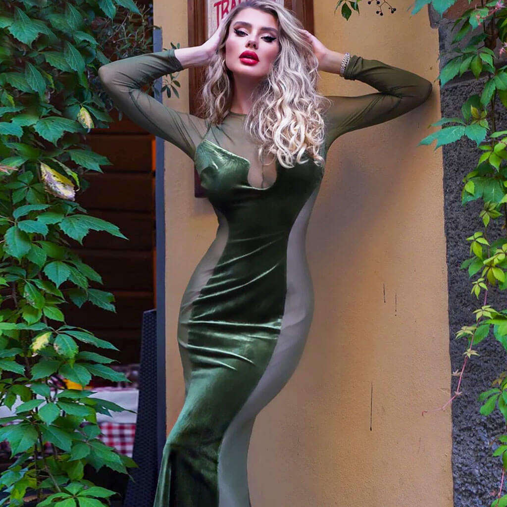 Sexy Mesh Panel Sheer Long Sleeve Mermaid Maxi Velvet Dress - Olive Green