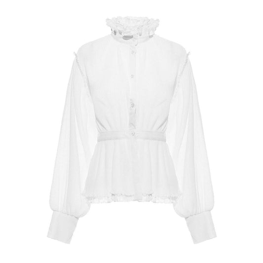 Sheer Ruffled High Neck Puff Sleeve Button Down Pleated Peplum Blouse