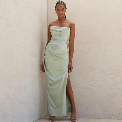 Silky Satin High Slit Ruched Strapless Party Maxi Dress - Sage Green