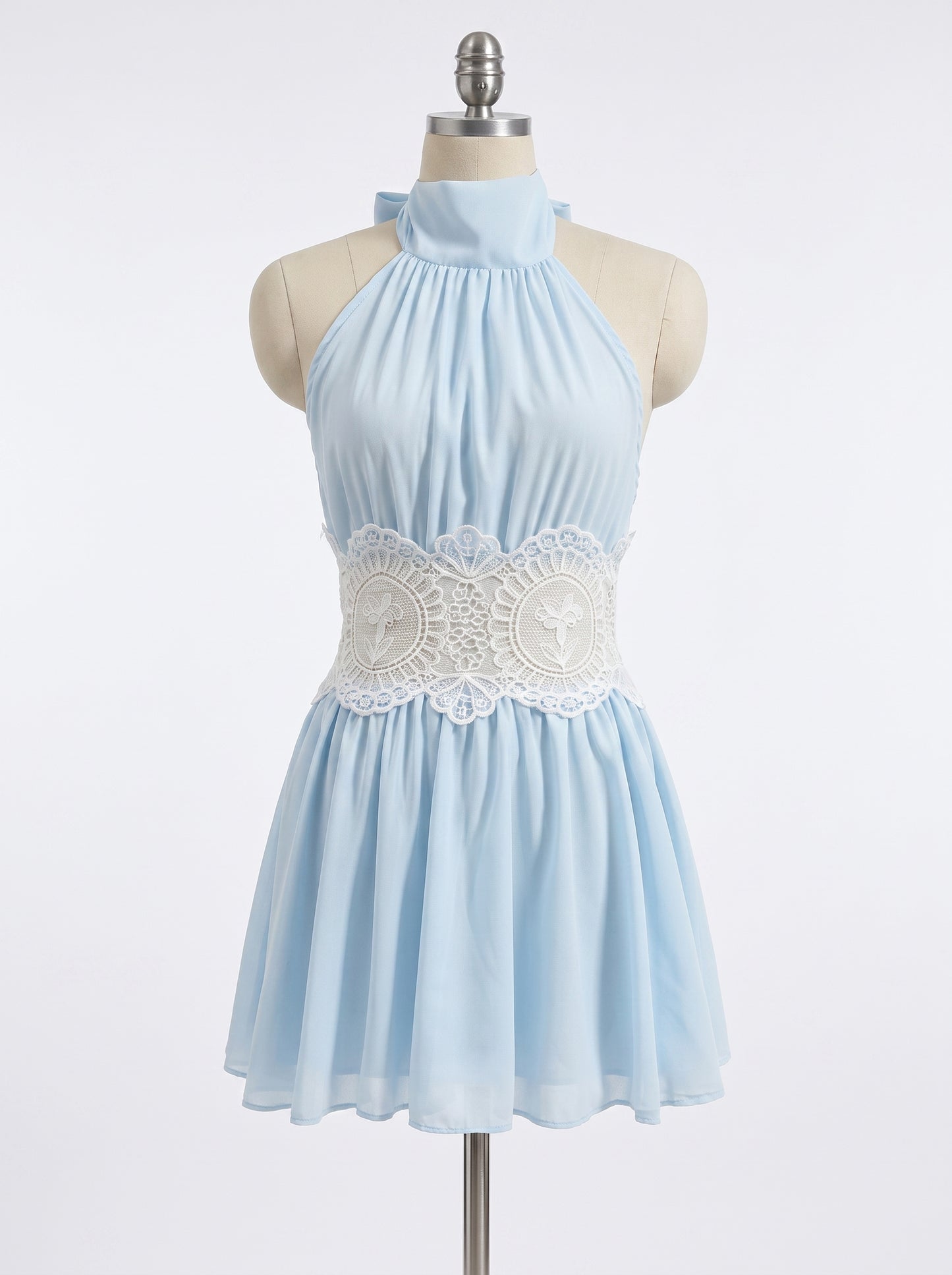 Sky Blue Lace Waist Halter Mini Dress