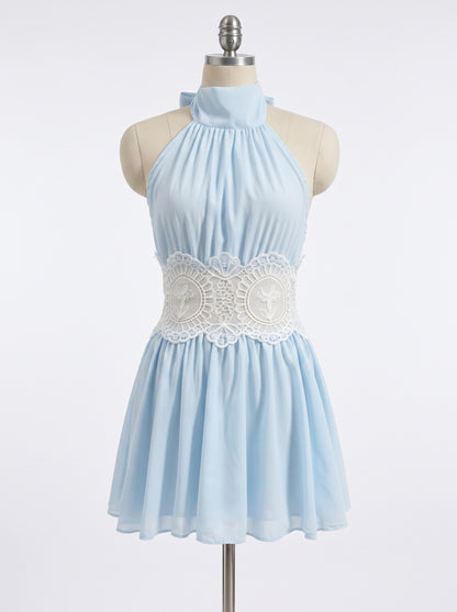 Sky Blue Lace Waist Halter Mini Dress