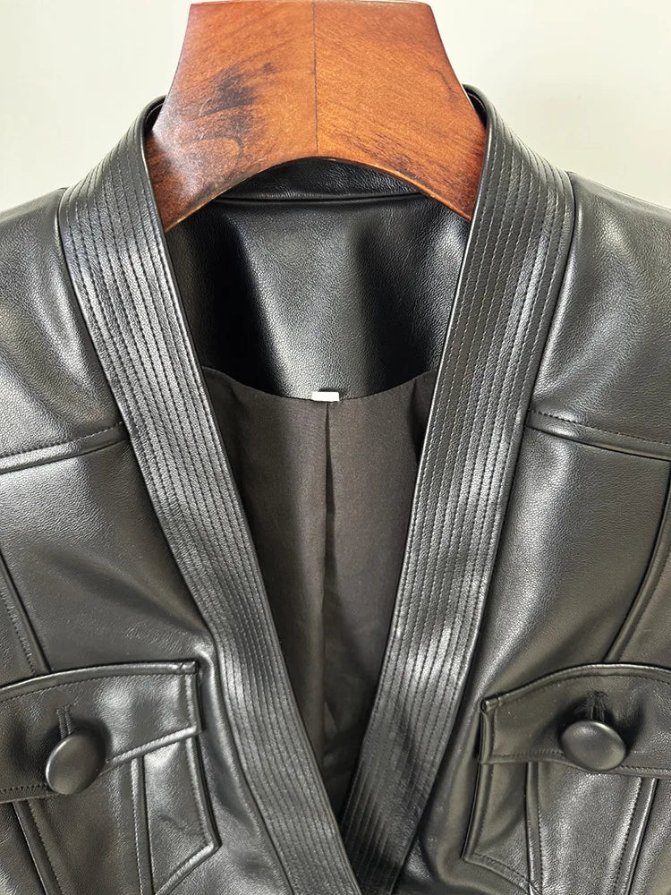 Black Belted Faux Leather Moto Jacket With Gold Buckle