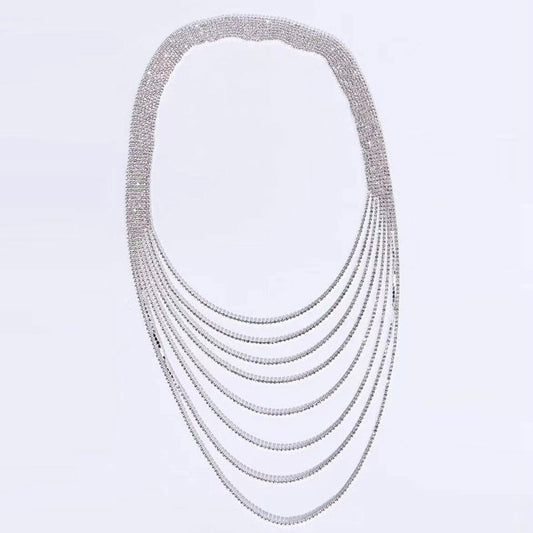 Sparkly Rhinestone Embellished Tassel Layered Backdrop Necklace - Silver