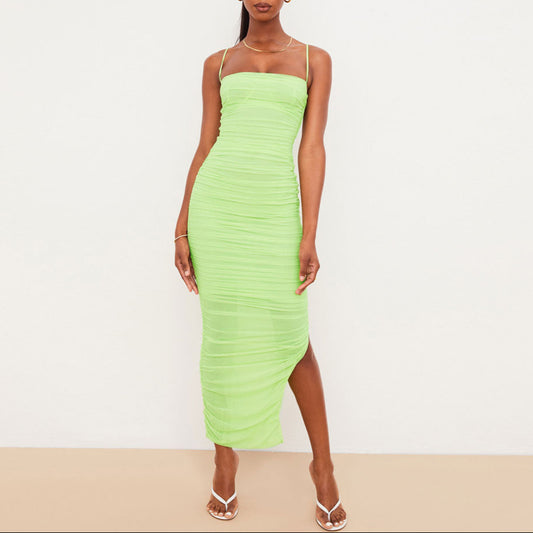 Square Neck High Slit Ruched Mesh Cocktail Party Maxi Dress - Green