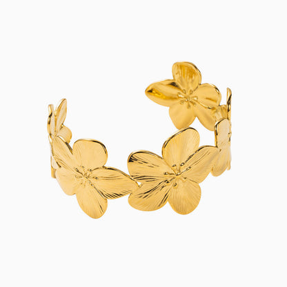 Statement 18K Gold Plated Textured Flower Open Cuff Bangle Bracelet