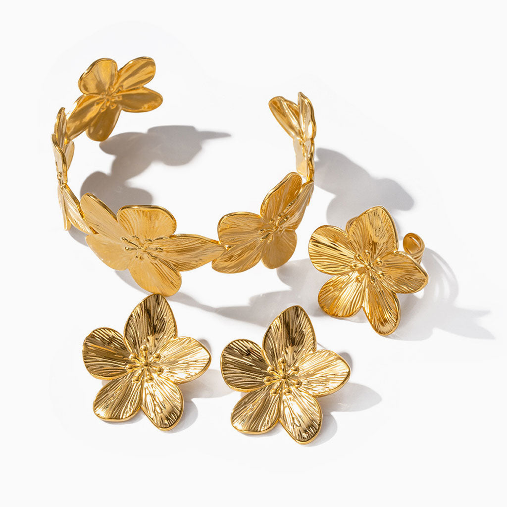 Statement 18K Gold Plated Textured Flower Open Cuff Bangle Bracelet