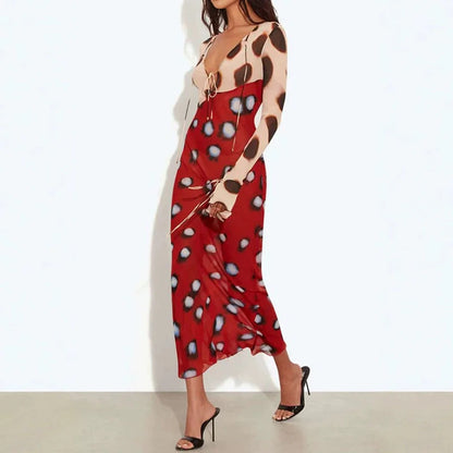 Mixed Print Lace Up Maxi Dress With Flared Sleeves