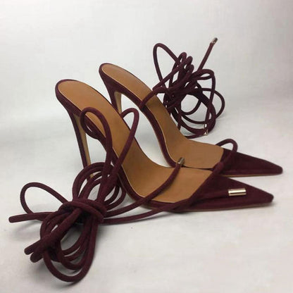 Strappy Lace Up Ankle Tie Pointed Toe Suede Heeled Sandals - Burgundy