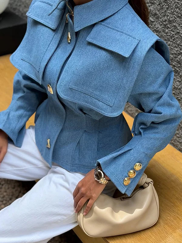 Structured Cinched-Waist Cropped Denim Jacket