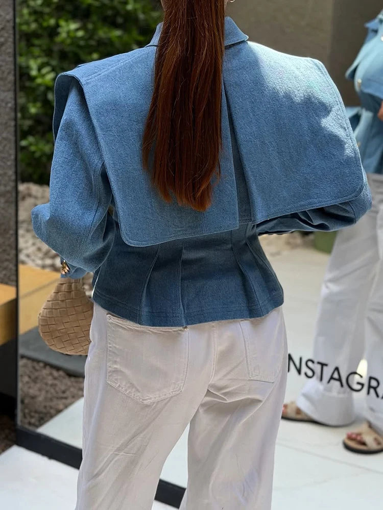 Structured Cinched-Waist Cropped Denim Jacket