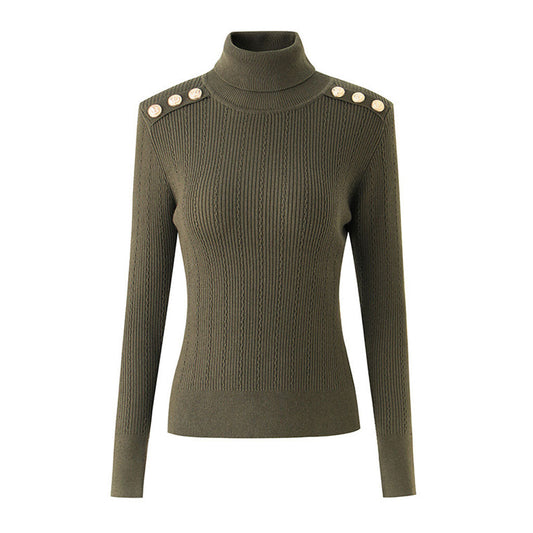 Stylish Button Detail Shoulder Pad Turtleneck Long Sleeve Cable Ribbed Knit Top