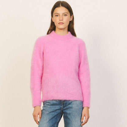 Sweet Round Neck Long Sleeve Mohair Knit Pullover Sweater - Hot Pink