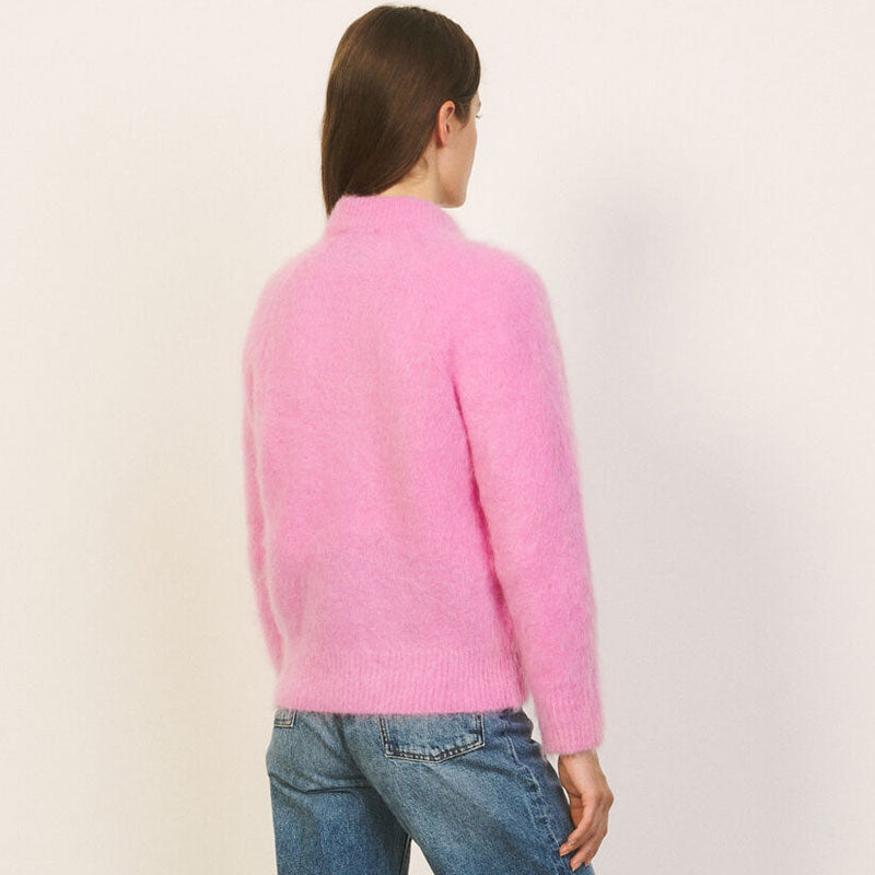 Sweet Round Neck Long Sleeve Mohair Knit Pullover Sweater - Hot Pink