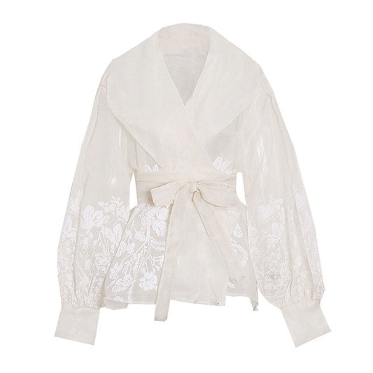 Transparent Shawl Collar Tie Belt Lantern Sleeve Floral Organza Blouse