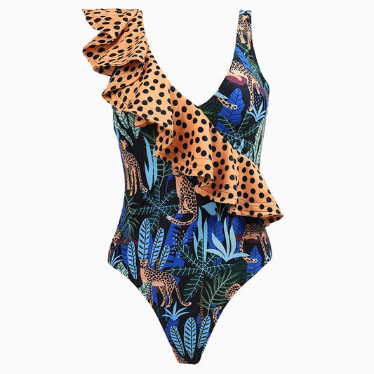 Tropical Leaf Moderate Polka Dot Print Ruffle V Neck One Piece Swimsuit