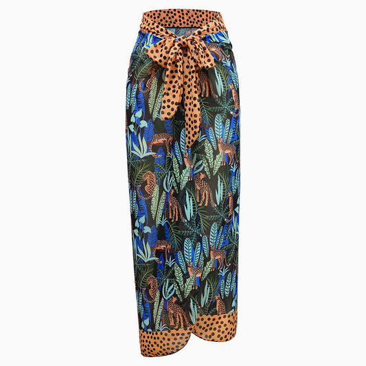 Tropical Leaf Polka Dot Print High Waist Bow Tie Wrap Sarong Cover Up