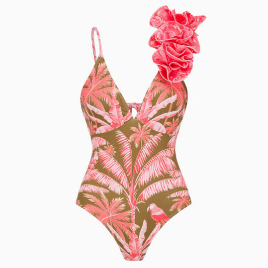 Tropical Palm Leaf Print Moderate Rosette Trim V Neck One Piece Swimsuit