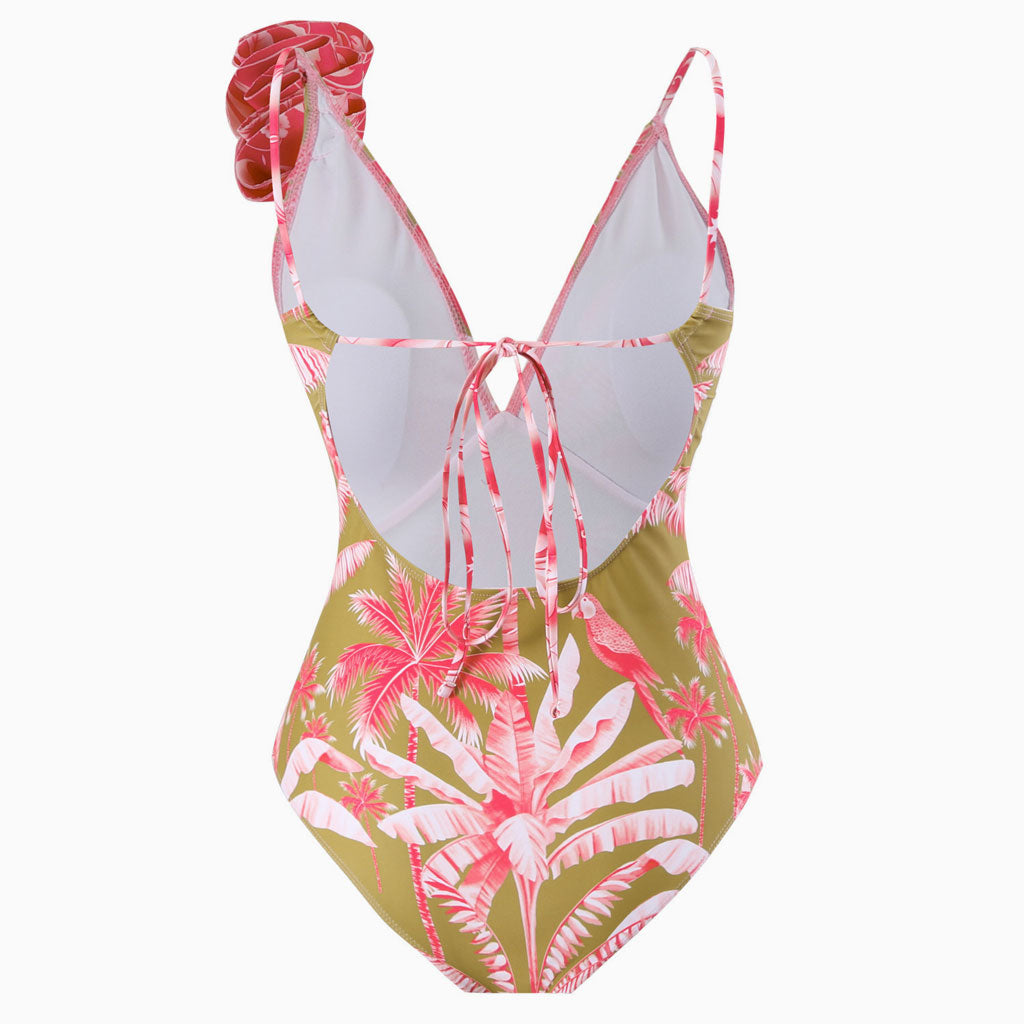 Tropical Palm Leaf Print Moderate Rosette Trim V Neck One Piece Swimsuit