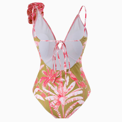 Tropical Palm Leaf Print Moderate Rosette Trim V Neck One Piece Swimsuit