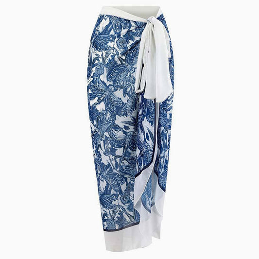 Tropical Print Bow Tie Knot High Waist Mesh Maxi Cover Up Sarong