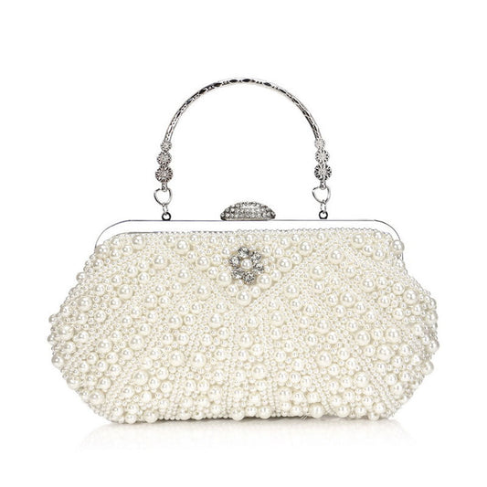 Unique Rhinestone Embellished Top Handle Pearl Clutch Bag - Beige