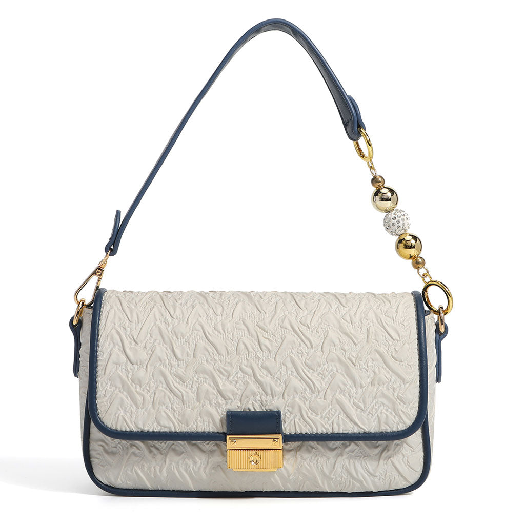 Vintage Bead Trim Metal Buckle Ruched Shoulder Bag - Beige