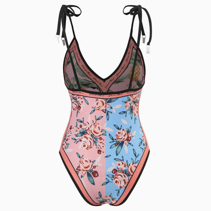 Vintage Printed Cheeky Bow Tie String V Neck Reversible One  Piece Swimsuit