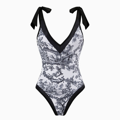 Vintage Style Printed Cheeky Bow Tie Strap V Neck One Piece Swimsuit