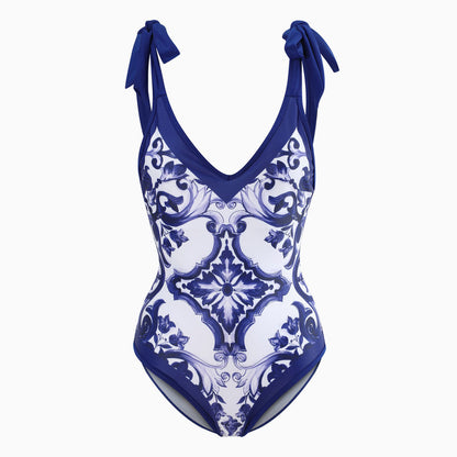 Vintage Style Printed Cheeky Bow Tie Strap V Neck One Piece Swimsuit