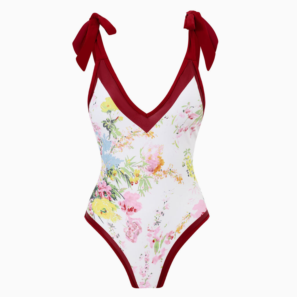 Vintage Style Printed Cheeky Bow Tie Strap V Neck One Piece Swimsuit
