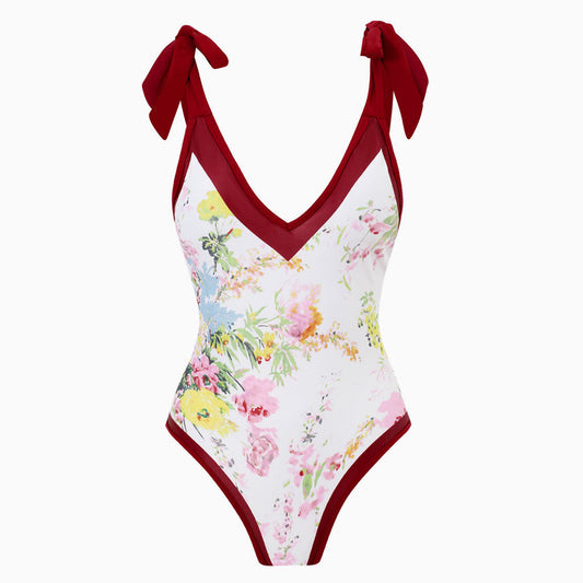 Vintage Style Printed Cheeky Bow Tie Strap V Neck One Piece Swimsuit