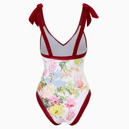 Vintage Style Printed Cheeky Bow Tie Strap V Neck One Piece Swimsuit