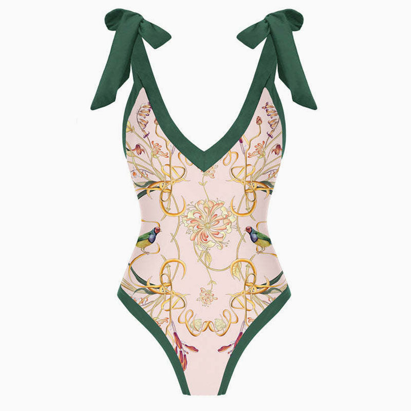 Vintage Style Printed Cheeky Bow Tie Strap V Neck One Piece Swimsuit