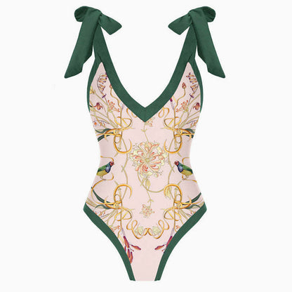 Vintage Style Printed Cheeky Bow Tie Strap V Neck One Piece Swimsuit