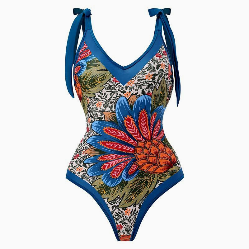 Vintage Style Printed Cheeky Bow Tie Strap V Neck One Piece Swimsuit