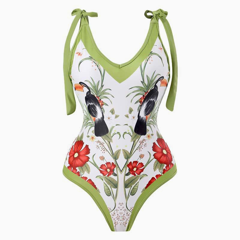 Vintage Style Printed Cheeky Bow Tie Strap V Neck One Piece Swimsuit