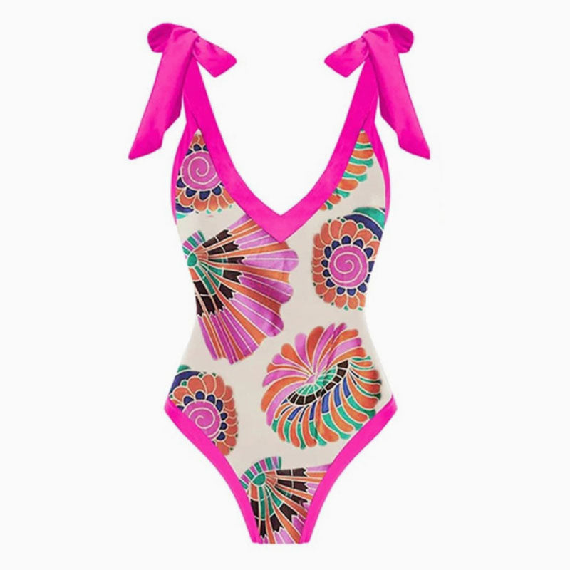 Vintage Style Printed Cheeky Bow Tie Strap V Neck One Piece Swimsuit