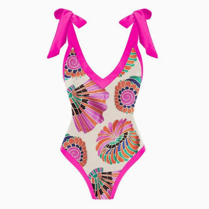 Vintage Style Printed Cheeky Bow Tie Strap V Neck One Piece Swimsuit