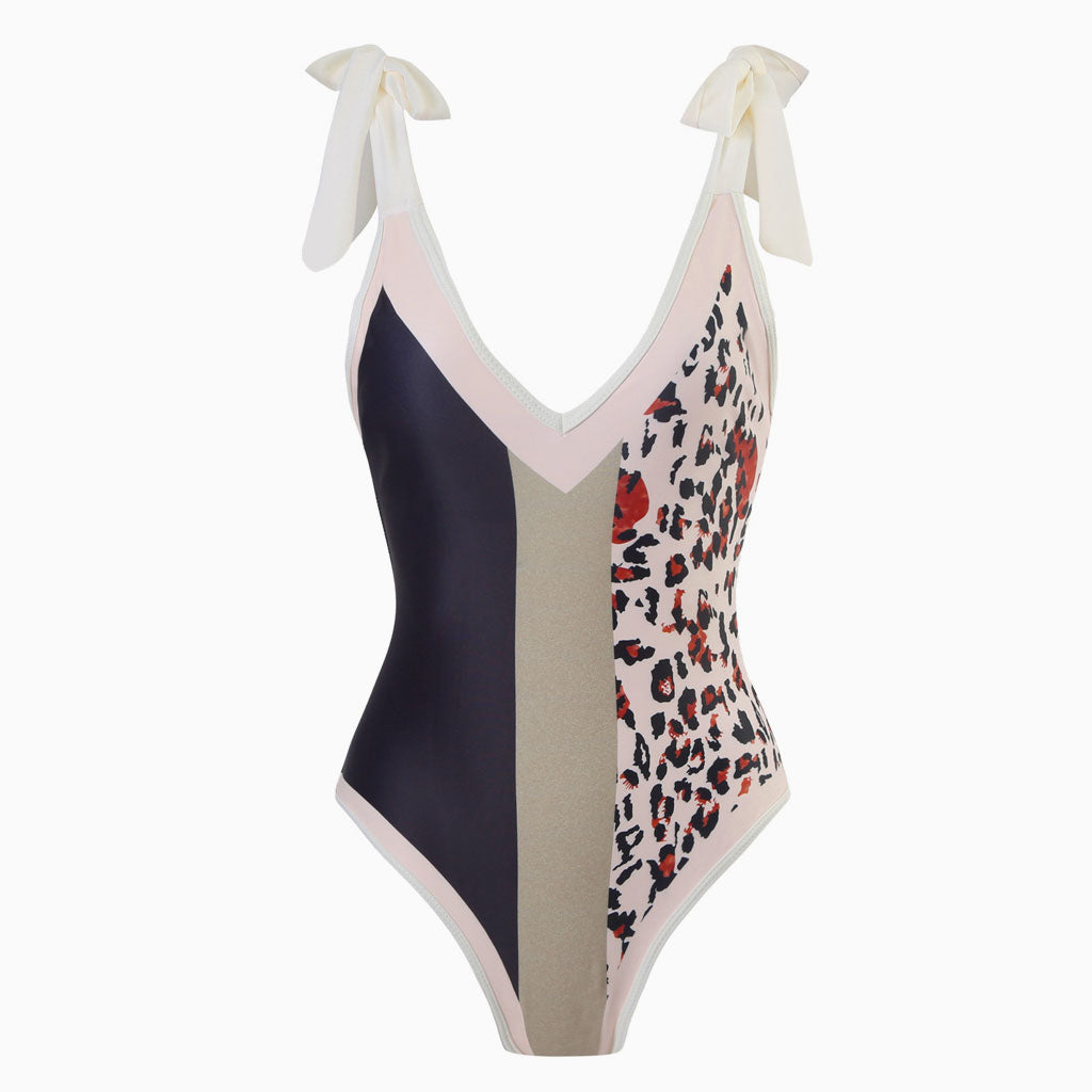 Vintage Style Printed Cheeky Bow Tie Strap V Neck One Piece Swimsuit