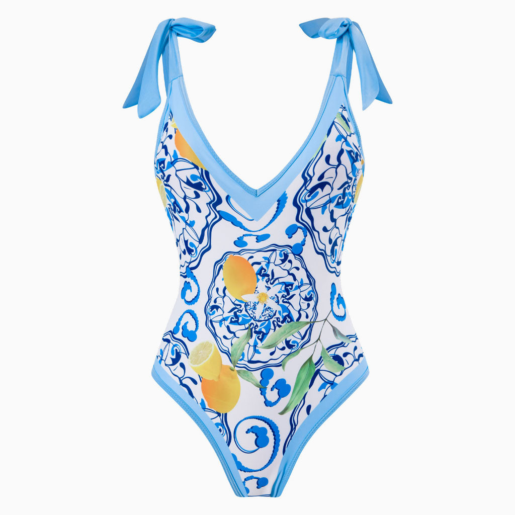 Vintage Style Printed Cheeky Bow Tie Strap V Neck One Piece Swimsuit