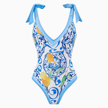 Vintage Style Printed Cheeky Bow Tie Strap V Neck One Piece Swimsuit