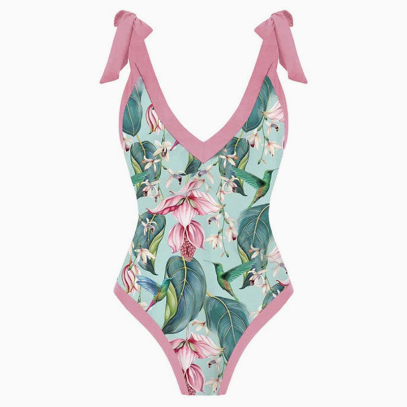 Vintage Style Printed Cheeky Bow Tie Strap V Neck One Piece Swimsuit