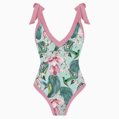 Vintage Style Printed Cheeky Bow Tie Strap V Neck One Piece Swimsuit