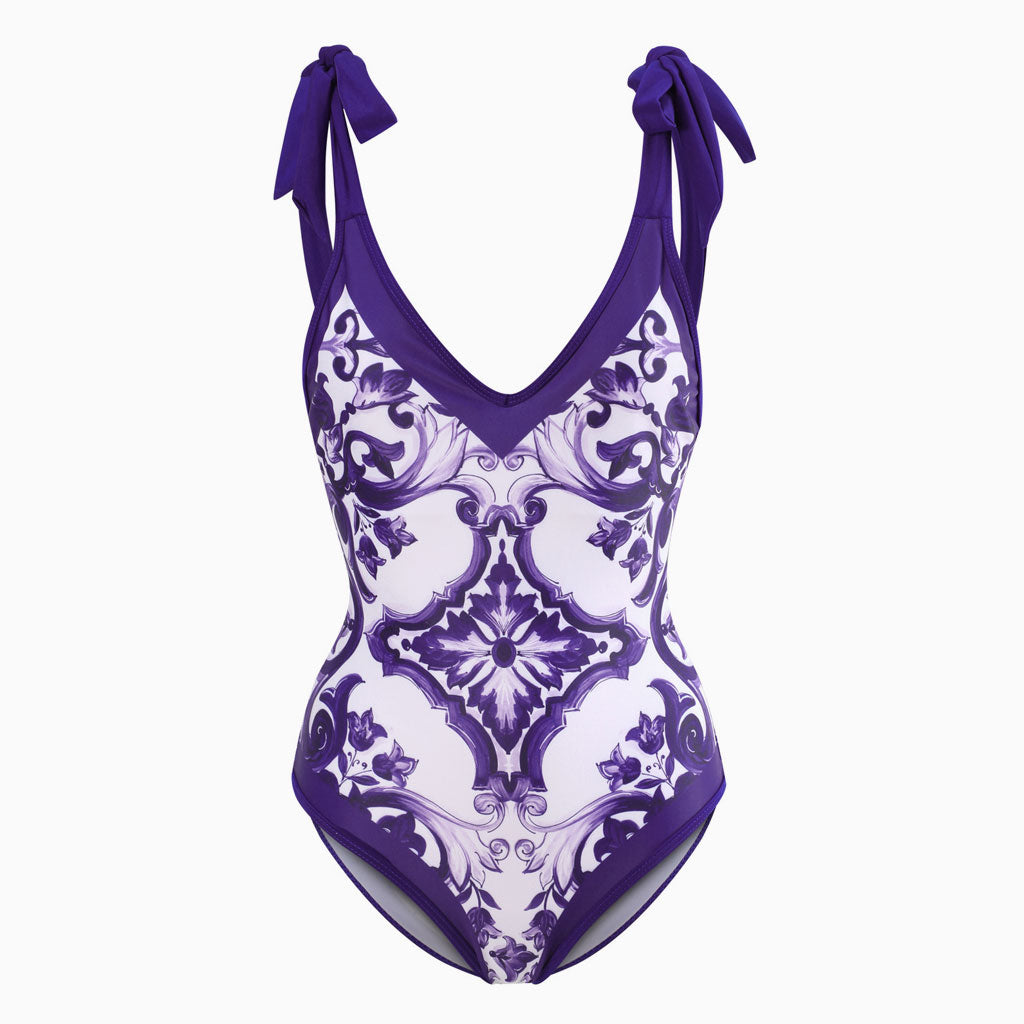 Vintage Style Printed Cheeky Bow Tie Strap V Neck One Piece Swimsuit