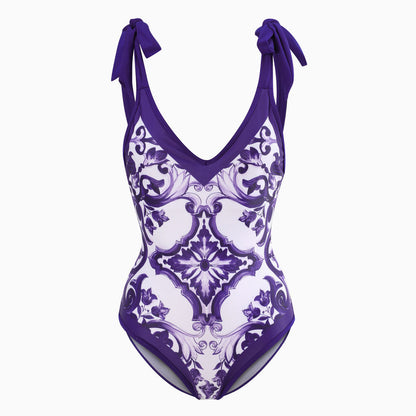 Vintage Style Printed Cheeky Bow Tie Strap V Neck One Piece Swimsuit