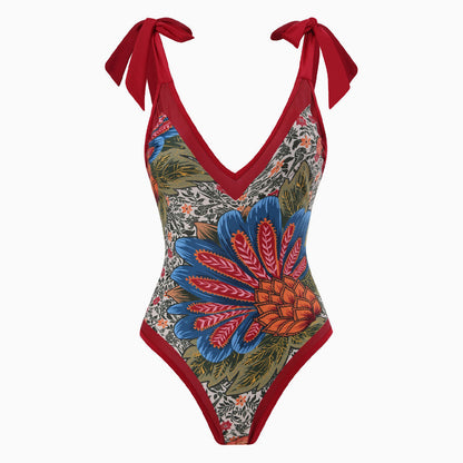Vintage Style Printed Cheeky Bow Tie Strap V Neck One Piece Swimsuit
