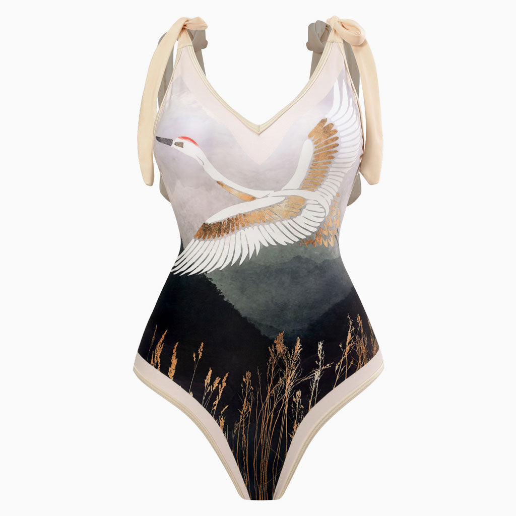 Vintage Style Printed Cheeky Bow Tie Strap V Neck One Piece Swimsuit